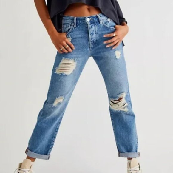 We The Free‎ People Bren Boyfriend Fit Jeans Size 25 Distressed Denim Button Fly - Picture 1 of 14
